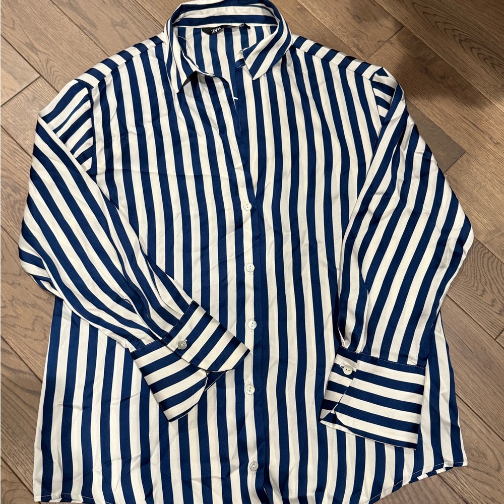 Zara Satin Effect Striped Blue and White Shirt